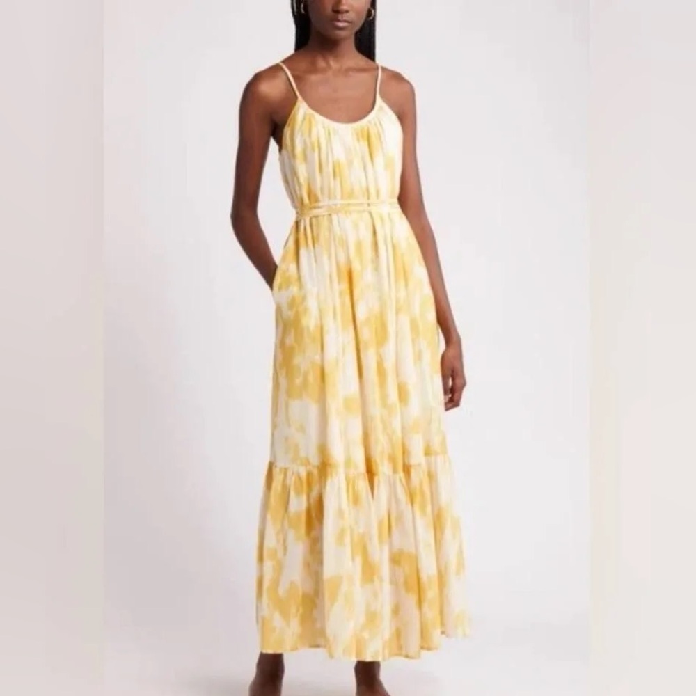 Nordstrom Silk Cotton Sun Dress Yellow White Maxi Pocket Boho Festival S - Picture 10 of 10